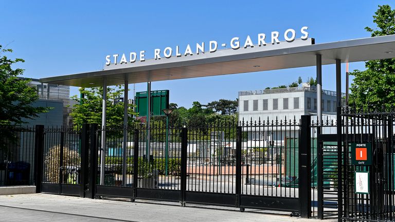 A view of Roland Garros Stadium behind closed gates due to the Coronavirus (COVID-19) lockdown on April 23, 2020 in Paris, France. The tournament which was supposed to start late May has been postponed to late September. 