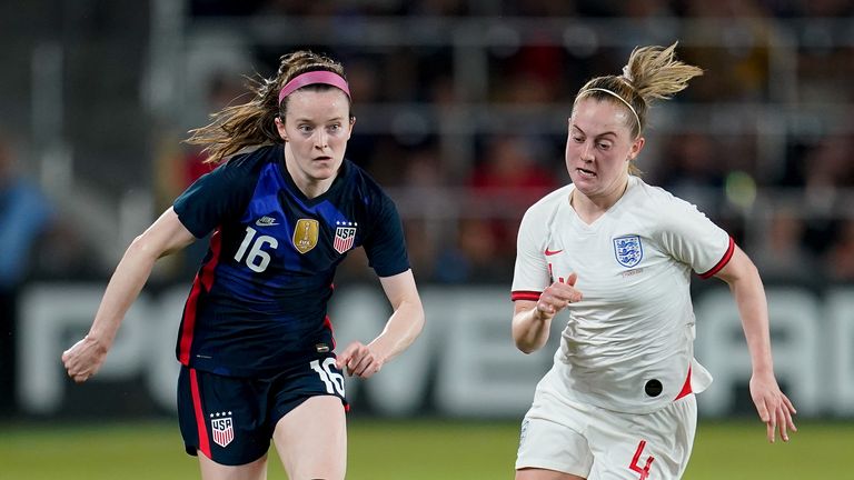 Rose Lavelle #16 of USA and Keira Walsh #4 of England chase after a loose ball during a game between England and USWNT at Exploria Stadium on March 05, 2020 in Orlando, Florida.