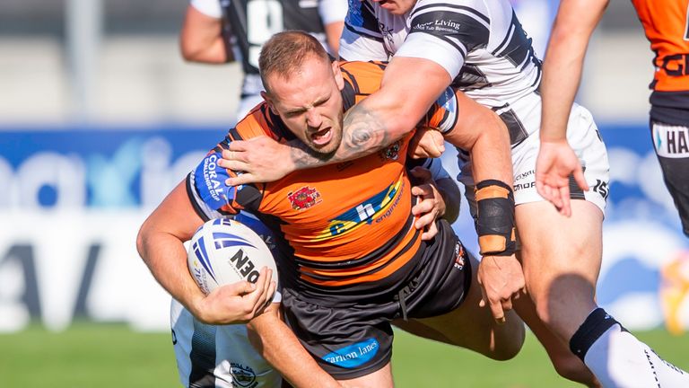 Castleford prop Liam Watts is brought down by the Hull defence