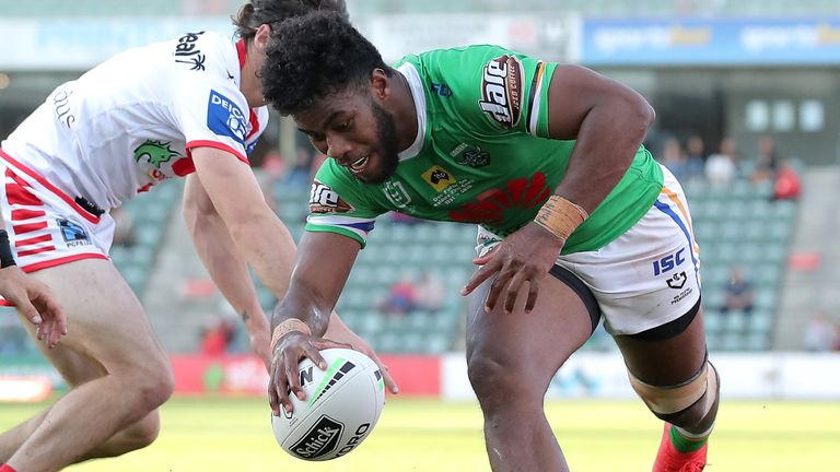 WOLLONGONG, AUSTRALIA - SEPTEMBER 12: Semi Valemei of the Raiders scores a try during the round 18 NRL match between the St George Illawarra Dragons and the Canberra Raiders at WIN Stadium on September 12, 2020 in Wollongong, Australia. (Photo by Matt King/Getty Images)