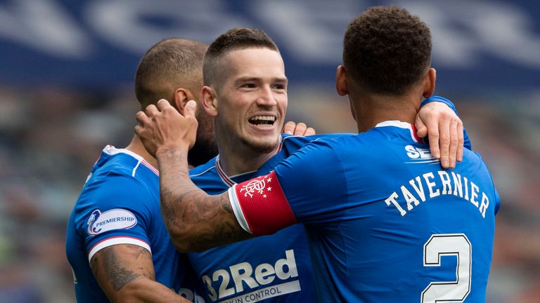 Rangers' Ryan Kent (centre) celebrates making it 1-0 against Dundee United