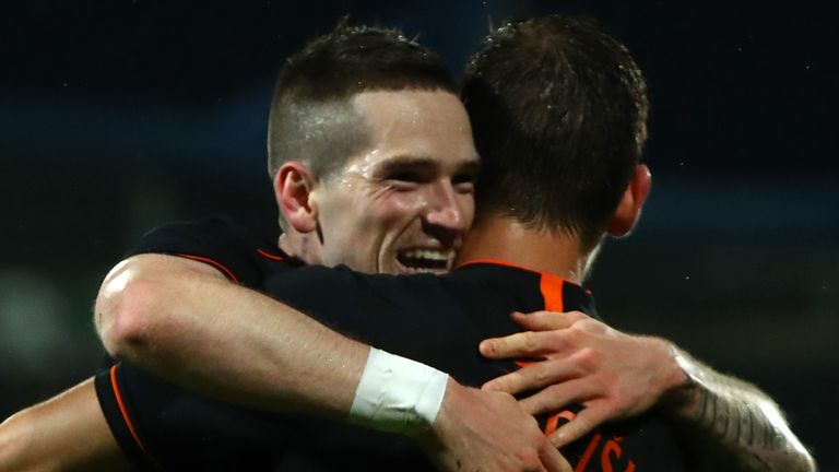 Ryan Kent celebrates doubling Rangers' lead against Willem II