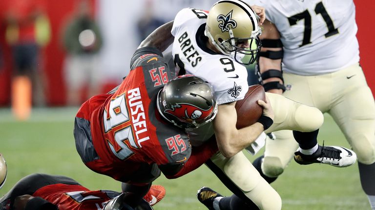 Ryan Russell sacking Drew Brees of the New Orleans Saints in the second half of a game at Raymond James Stadium on December 31, 2017 in Tampa, Florida. The Buccaneers won 31-24.