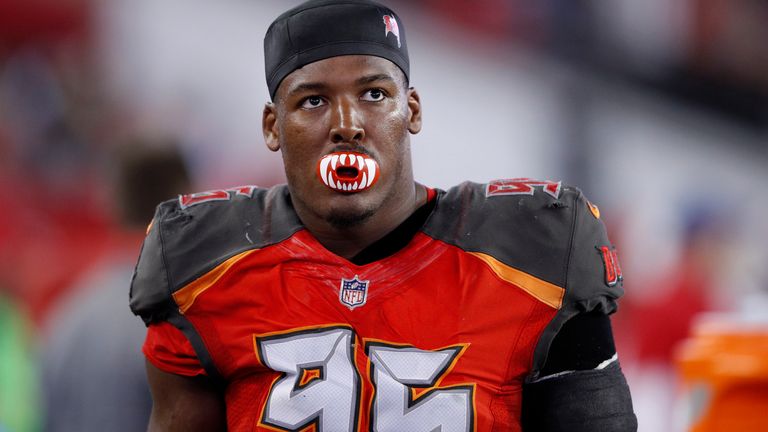 TAMPA, FL - DECEMBER 31: Ryan Russell #95 of the Tampa Bay Buccaneers looks on during a game against the New Orleans Saints at Raymond James Stadium on December 31, 2017 in Tampa, Florida. The Buccaneers won 31-24. (Photo by Joe Robbins/Getty Images)