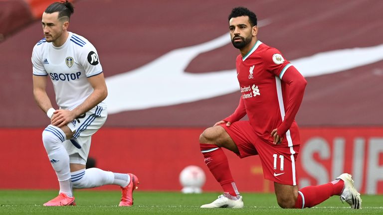 Mo Salah takes the knee at Anfield on Saturday