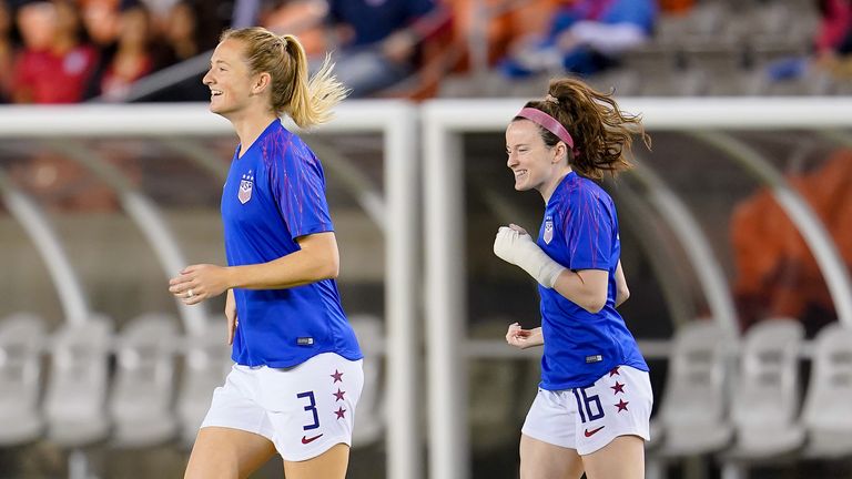Samantha Mewis #3 and Rose Lavelle #16 of the United States warming up during a game between Costa Rica and USWNT at BBVA Stadium on February 03, 2020 in Houston, Texas