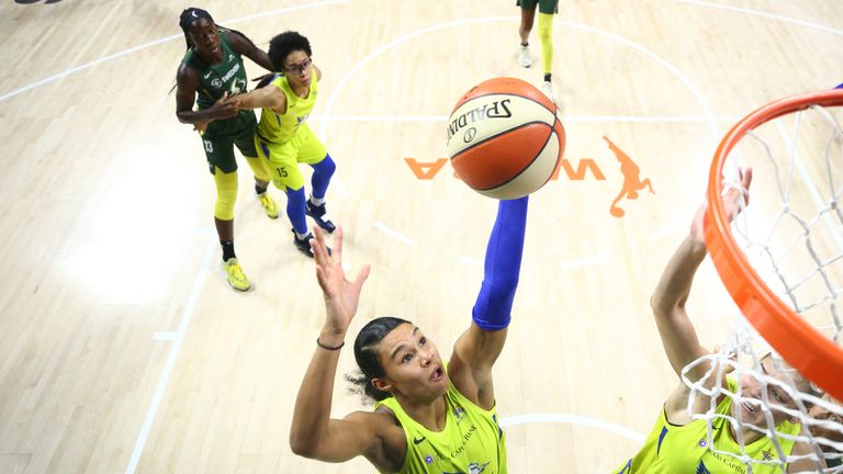 Satou Sabally of the Dallas Wings shoots the ball against the Seattle Storm