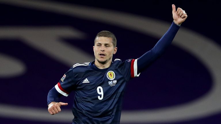 Lyndon Dykes of Scotland in action during the UEFA Nations League group stage match between Scotland and Israel at Hampden Park National Stadium on September 04, 2020 in Glasgow, Scotland. 