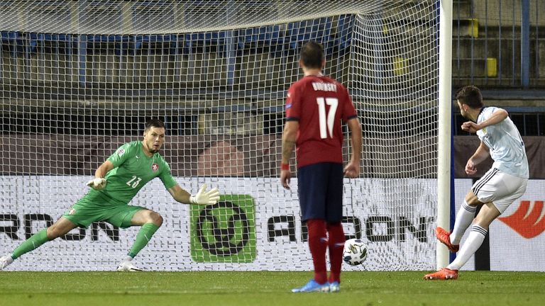 Ryan Christie scores from the penalty spot for Scotland against Czech Republic