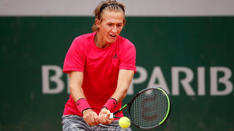 Sebastian Korda of The United States of America plays a backhand during his Men's Singles first round match against Andreas Seppi of Italy during day one of the 2020 French Open at Roland Garros on September 27, 2020 in Paris, France