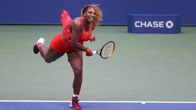 Serena Williams of the United States serves the ball during her Women's Singles first round match against Kristie Ahn of the United States on Day Two of the 2020 US Open at the USTA Billie Jean King National Tennis Center on September 1, 2020 in the Queens borough of New York City