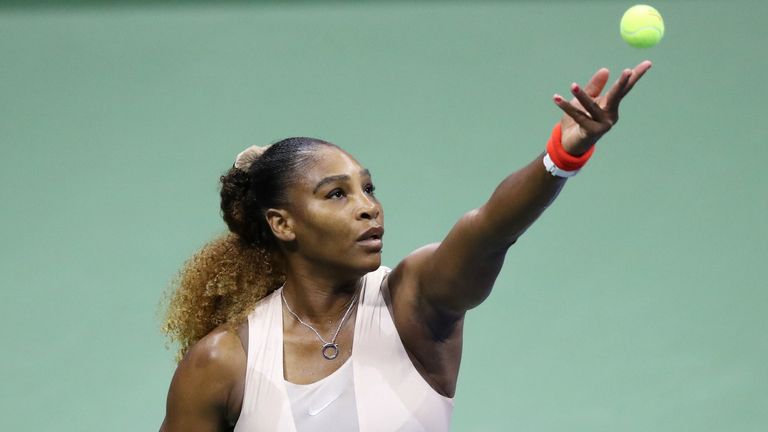 Serena Williams of the United States serves during her Women’s Singles second round match against Margarita Gasparyan of Russia on Day Four of the 2020 US Open at the USTA Billie Jean King National Tennis Center on September 3, 2020 in the Queens borough of New York City.