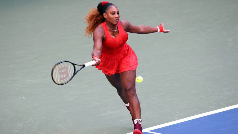 Serena Williams of the United States returns a shot during her Women’s Singles third round match against Sloane Stephens of the United States on Day Six of the 2020 US Open at USTA Billie Jean King National Tennis Center on September 05, 2020 in the Queens borough of New York City