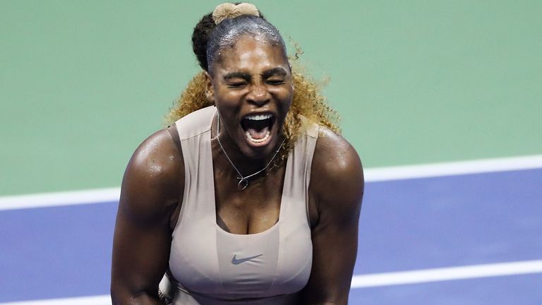 Serena Williams of the United States reacts during her Women's Singles semifinal match against Victoria Azarenka of Belarus on Day Eleven of the 2020 US Open at the USTA Billie Jean King National Tennis Center on September 10, 2020 in the Queens borough of New York City.