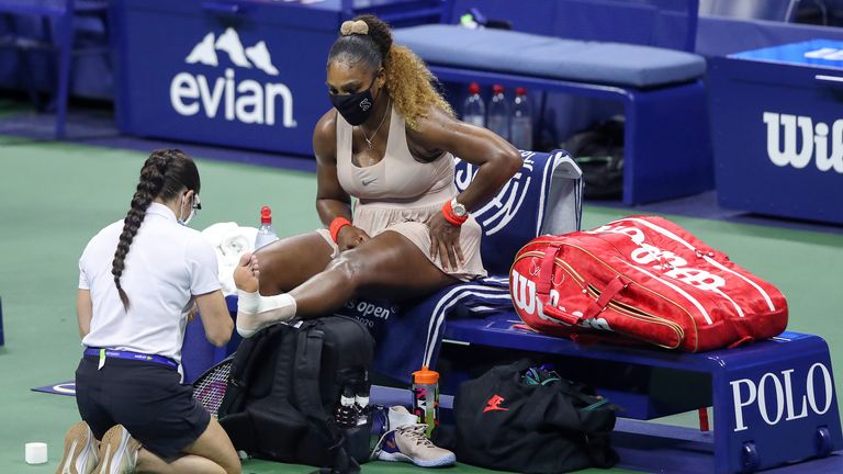 Williams needed a medical timeout to have her left ankle re-taped in the third set due to Achilles trouble