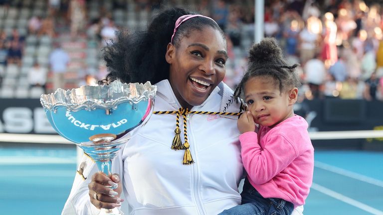 Serena Williams of the US with her daughter Alexis Olympia after her win against Jessica Pegula of the US during their women&#39;s singles final match during the Auckland Classic tennis tournament in Auckland on January 12, 2020.