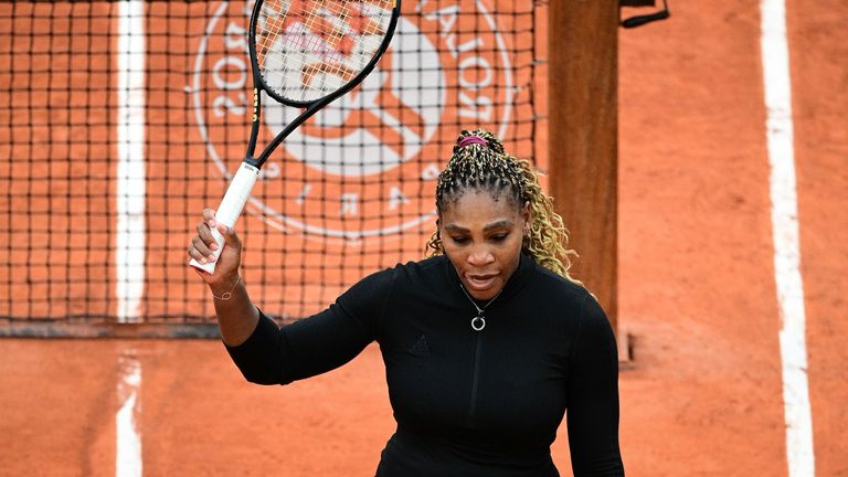 Serena Williams of the US celebrates at the end of her women's singles first round tennis match against Kristie Ahn of the US at the Philippe Chatrier court on Day 2 of The Roland Garros 2020 French Open tennis tournament in Paris on September 28, 2020