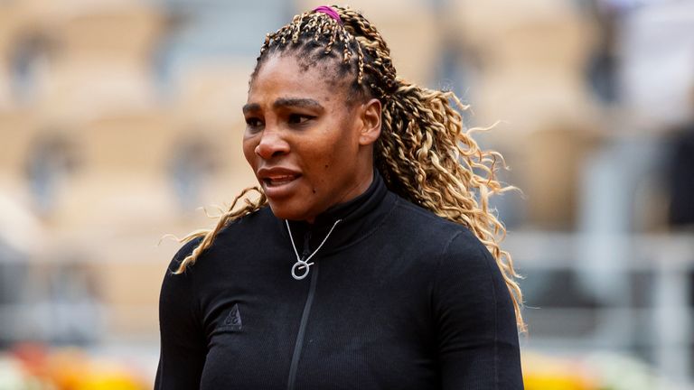 Serena Williams of the United States celebrates during her match against Kristie Ahn of the United States in the first round of the women’s singles on DAY 2 at Roland Garros on September 28, 2020 in Paris, France