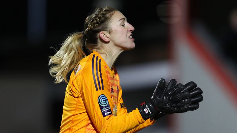 Siobhan Chamberlain of Manchester United reacts during the FA Women&#39;s Continental League Cup Semi Final match between Arsenal and Manchester United at Meadow Park on February 07, 2019 in Borehamwood, England. 