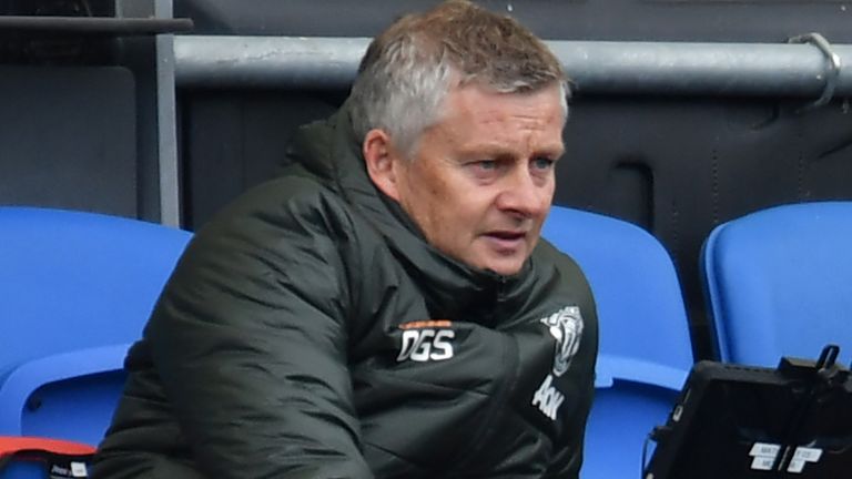 Ole Gunnar Solskjaer watches on from the stands at the Amex Stadium