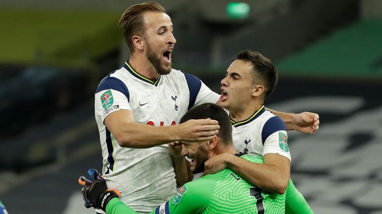 Spurs celebrate beating Chelsea on penalties in the Carabao Cup