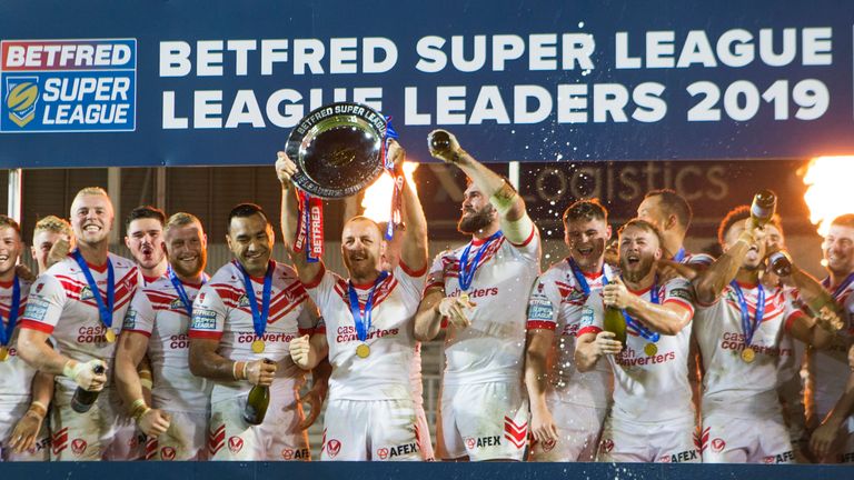 30/08/2019 - Rugby League - Betfred Super League - St Helens v Castleford Tigers - The Totally Wicked Stadium, Langtree Park, St Helens, England - St Helens lift the League Leaders Shield