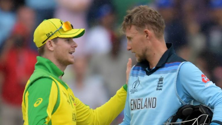 Steve Smith congratulates Joe Root after England beat Australia in the 2019 World Cup semi-final at Edgbaston
