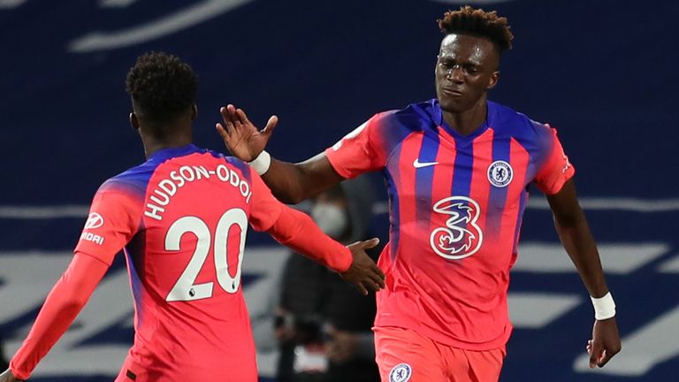 Tammy Abraham celebrates with Callum Hudson-Odoi after bringing Chelsea level with West Brom at 3-3