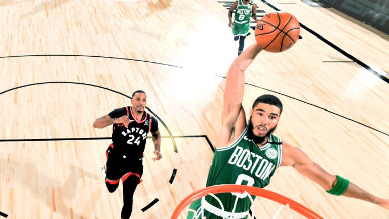 Jayson Tatum of the Boston Celtics dunks the ball against the Toronto Raptors during Round Two, Game Six of the Eastern Conference Semifinals