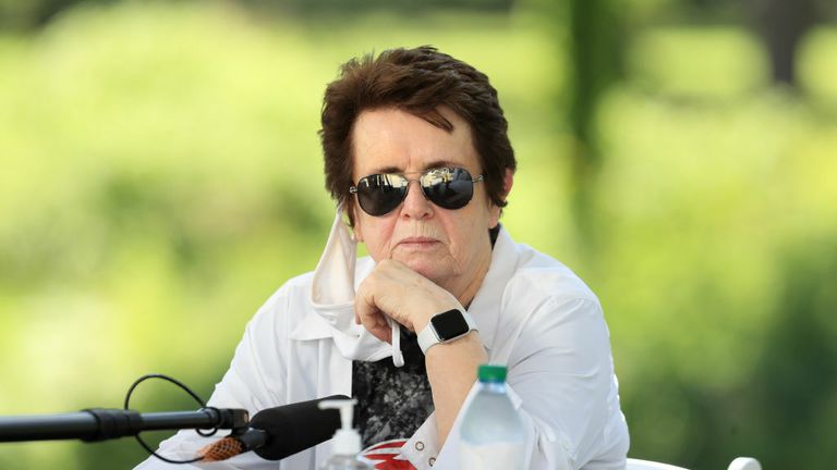 Billie Jean King speaks to the media during the semifinals of the World TeamTennis at The Greenbrier on August 01, 2020 in White Sulphur Springs, West Virginia.