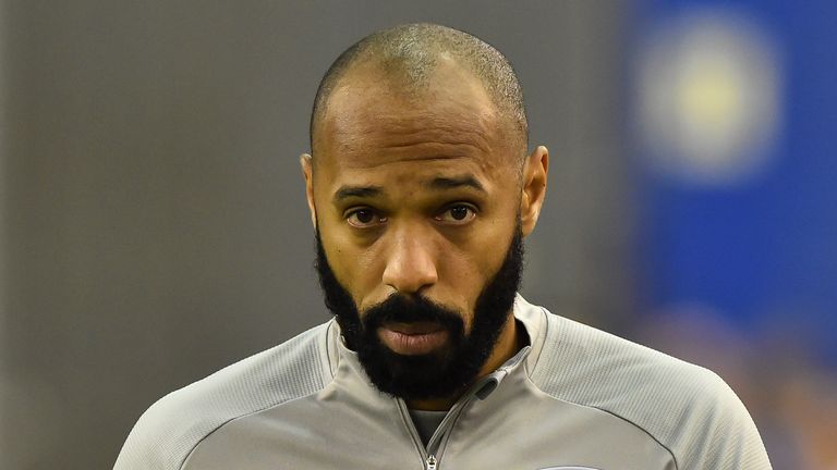 Head coach of the Montreal Impact Thierry Henry takes to the pitch prior to the game between the Montreal Impact and CD Olimpia during the 1st leg of the CONCACAF Champions League quarterfinal game at Olympic Stadium on March 10, 2020 in Montreal, Quebec, Canada. 