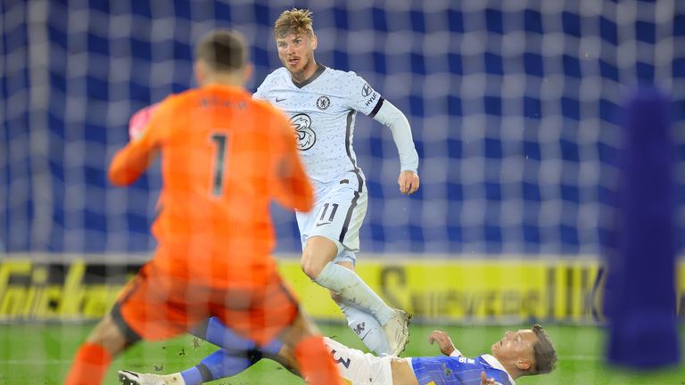 Timo Werner in action during his Premier League debut for Chelsea