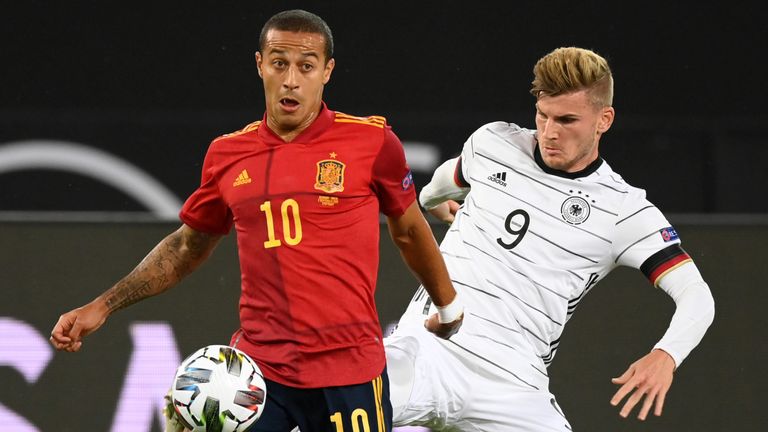 Timo Werner and Thiago Alcantara in action during Germany vs Spain