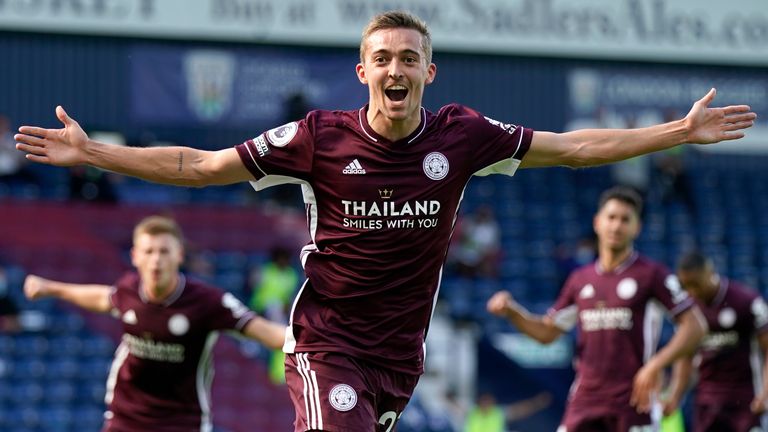 Timothy Castagne celebrates after scoring for Leicester at West Brom