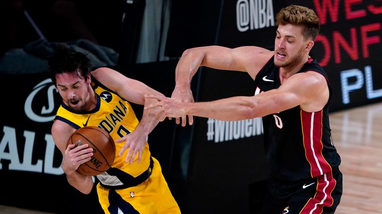 Meyers Leonard tangles with Indiana Pacers guard TJ McConnell in his only appearance so far in the 2020 playoffs