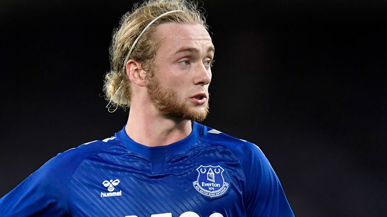  Tom Davies of Everton reacts during the Carabao Cup Second Round match between Everton FC and Salford City at Goodison Park on September 16, 2020 in Liverpool, England.