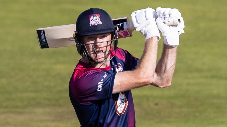 BIRMINGHAM, ENGLAND - SEPTEMBER 20: Tom Taylor of Northamptonshire Steelbacks drives the ball to the boundary for four to reach his half century and secure victory for his team during the T20 Vitality Blast match between Birmingham Bears and Northamptonshire Steelbacks at Edgbaston on September 20, 2020 in Birmingham, England. (Photo by Andy Kearns/Getty Images)