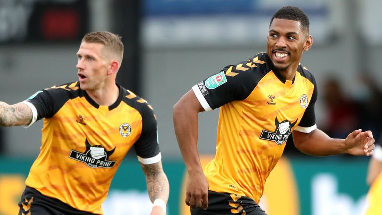 Tristan Abrahams celebrates scoring for Newport against Newcastle