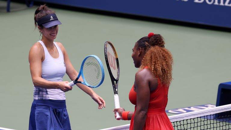 Serena Williams taps rackets with Tsvetana Pironkova
