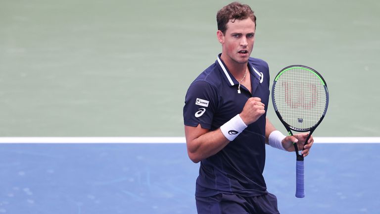Vasek Pospisil of Canada reacts during his Men's Singles second round match against Milos Raonic of Canada on Day Four of the 2020 US Open at the USTA Billie Jean King National Tennis Center on September 3, 2020 in the Queens borough of New York City.