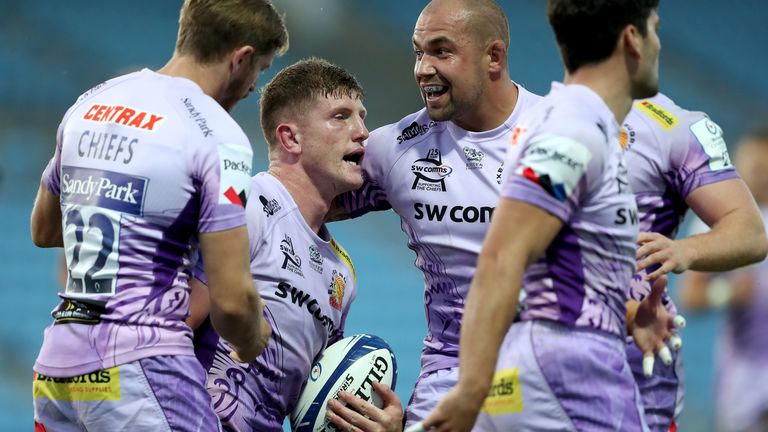 Vermeulen celebrates his first score at Sandy Park 