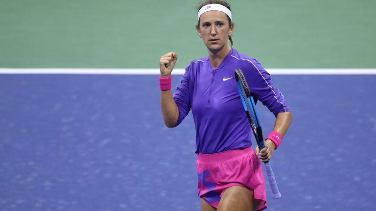 Victoria Azarenka of Belarus celebrates a point during her Women’s Singles quarter-finals match against Elise Mertens of Belgium on Day Ten of the 2020 US Open at the USTA Billie Jean King National Tennis Center on September 9, 2020 in the Queens borough of New York City