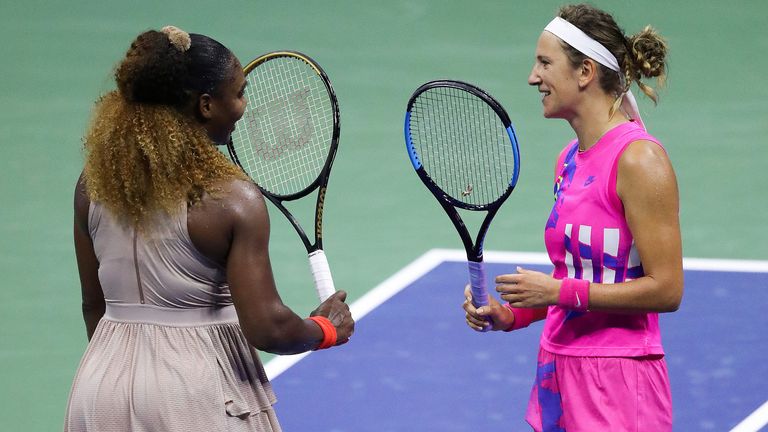Victoria Azarenka (R) of Belarus talks with Serena Williams (L) of the United States after winning their Women's Singles semifinal match on Day Eleven of the 2020 US Open at the USTA Billie Jean King National Tennis Center on September 10, 2020 in the Queens borough of New York City.