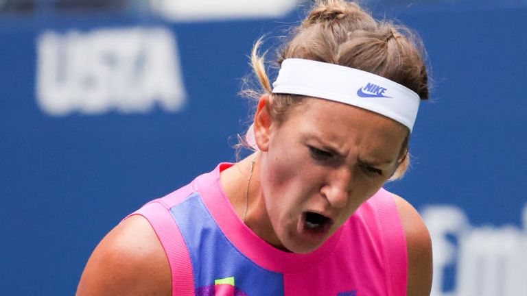 Victoria Azarenka of Belarus reacts in the first set during her Women's Singles final match against Naomi Osaka of Japan on Day Thirteen of the 2020 US Open at the USTA Billie Jean King National Tennis Center on September 12, 2020 in the Queens borough of New York City.