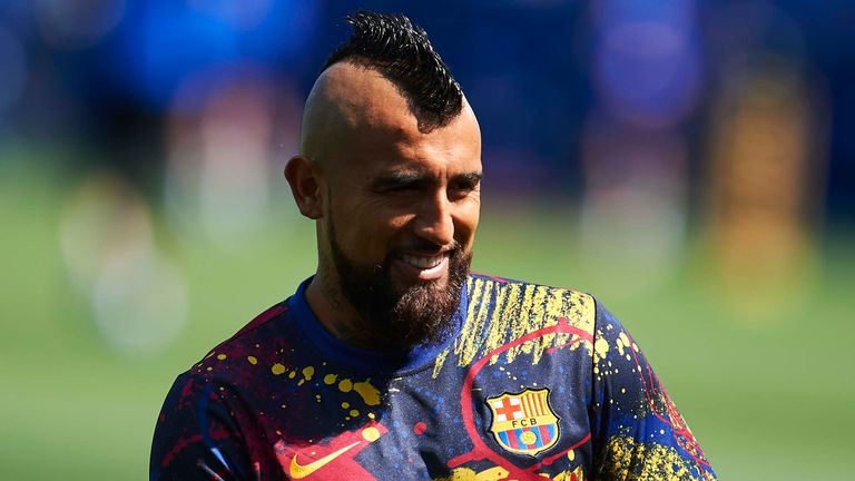 VITORIA-GASTEIZ, SPAIN - JULY 19: Arturo Vidal of FC Barcelona reacts during the Liga match between Deportivo Alaves and FC Barcelona at Estadio de Mendizorroza on July 19, 2020 in Vitoria-Gasteiz, Spain. Football Stadiums around Europe remain empty due to the Coronavirus Pandemic as Government social distancing laws prohibit fans inside venues resulting in all fixtures being played behind closed doors. (Photo by Juan Manuel Serrano Arce/Getty Images)