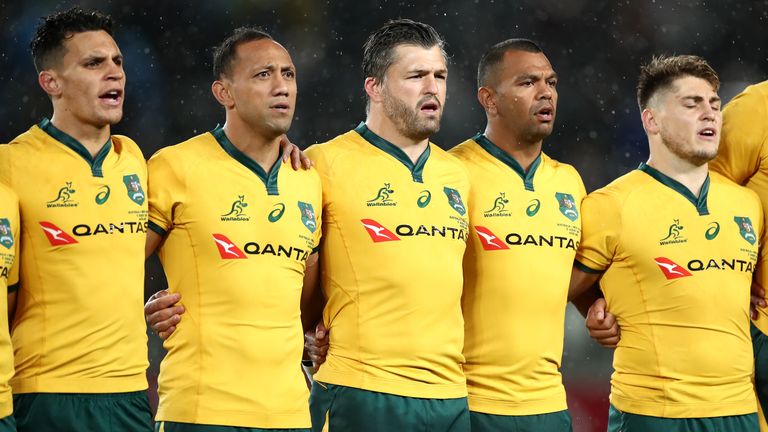 Wallabies players sing the Australian national anthem during The Rugby Championship and Bledisloe Cup Test match between the New Zealand All Blacks and the Australian Wallabies at Eden Park on August 17, 2019 in Auckland, New Zealand.