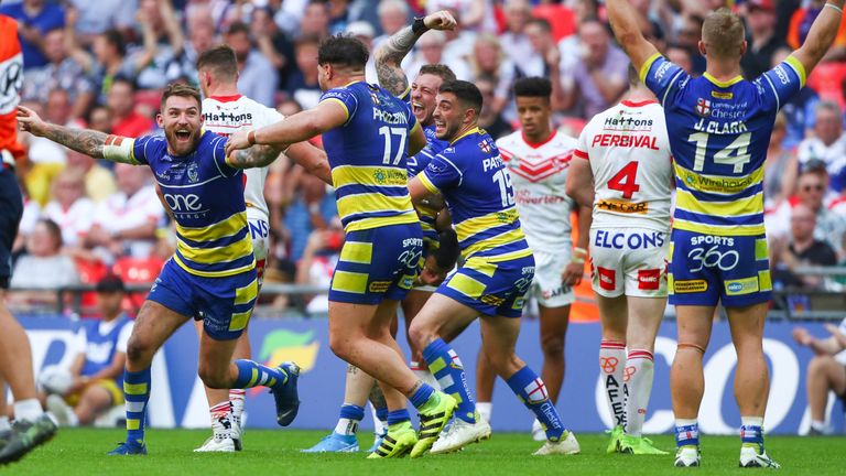 Picture by Alex Whitehead/SWpix.com - 24/08/2019 - Rugby League - Coral Challenge Cup Final - St Helens v Warrington Wolves - Wembley Stadium, London, England - Warrington celebrate the win.