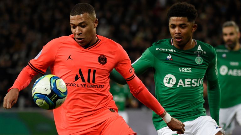 Wesley Fofana (right) in action against Kylian Mbappe in St Etienne&#39;s Ligue 1 fixture against PSG
