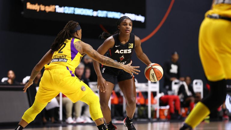 Jackie Young #0 of the Las Vegas Aces handles the ball against the Los Angeles Sparks on September 12, 2020 at Feld Entertainment Center in Palmetto, Florida.
