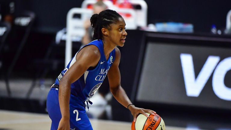 Crystal Dangerfield #2 of the Minnesota Lynx dribbles during the second half against the Phoenix Mercury in Game One of their Second Round playoff at Feld Entertainment Center on September 17, 2020 in Palmetto, Florida. 